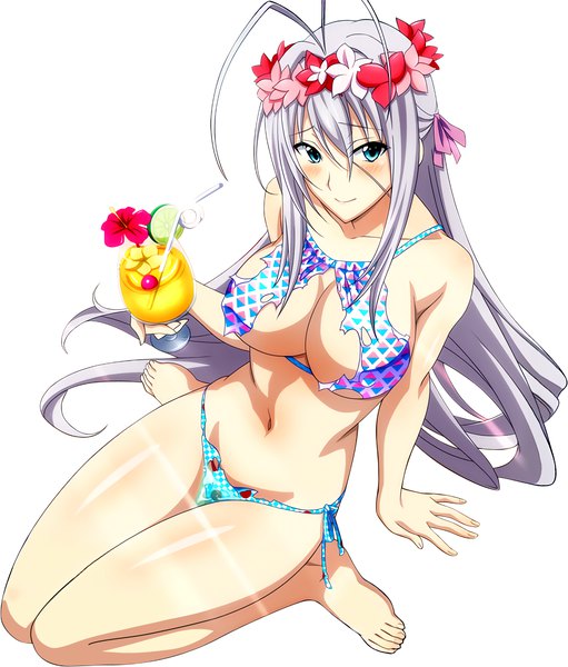 Anime picture 1318x1548 with highschool dxd rossweisse single tall image looking at viewer blush breasts blue eyes light erotic simple background large breasts white background cleavage very long hair hair flower grey hair torn clothes torn swimsuit girl navel