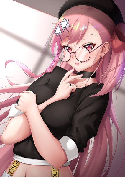 Anime picture 992x1403 with girls frontline negev (girls' frontline) dearonnus single long hair tall image looking at viewer fringe breasts light erotic red eyes large breasts standing pink hair braid (braids) nail polish fingernails alternate costume one side up side braid