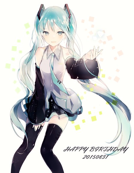 Anime picture 646x831 with vocaloid hatsune miku lpip single tall image looking at viewer blush open mouth twintails pleated skirt aqua eyes aqua hair inscription tattoo zettai ryouiki dated happy birthday 2015 girl skirt