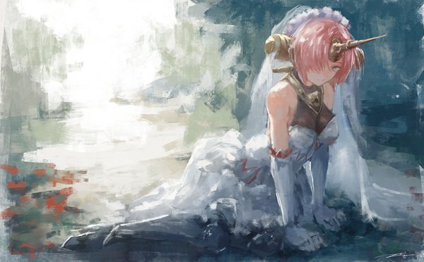 Anime picture 4096x2543 with fate (series) fate/apocrypha frankenstein's monster (fate) kouzuki kei single looking at viewer fringe highres short hair blue eyes wide image bare shoulders pink hair absurdres horn (horns) hair over one eye girl dress gloves elbow gloves