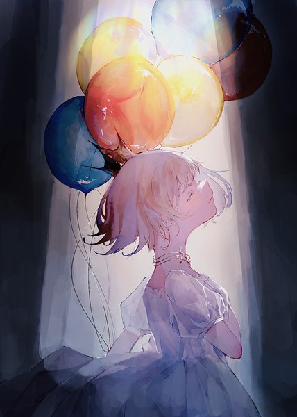 Anime picture 1428x2000 with original warabimoti yoz single tall image short hair blonde hair eyes closed profile puffy sleeves treble clef girl dress white dress crown musical note balloon mini crown