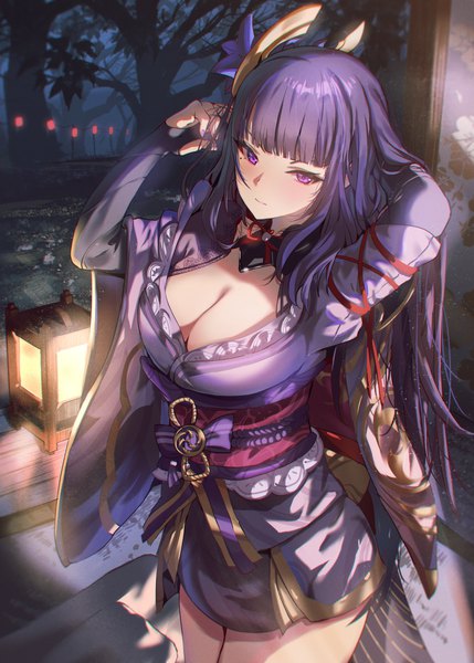 Anime picture 1800x2520 with genshin impact raiden shogun shuru y single long hair tall image looking at viewer blush fringe highres breasts light erotic large breasts standing purple eyes purple hair outdoors blunt bangs traditional clothes japanese clothes