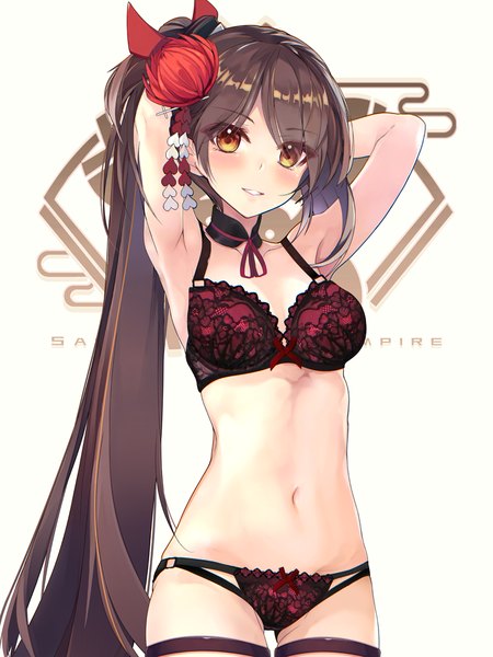 Anime picture 750x1000 with azur lane zuikaku (azur lane) shirokitsune single long hair tall image looking at viewer blush fringe breasts light erotic simple background smile brown hair standing brown eyes cleavage ponytail parted lips grey background