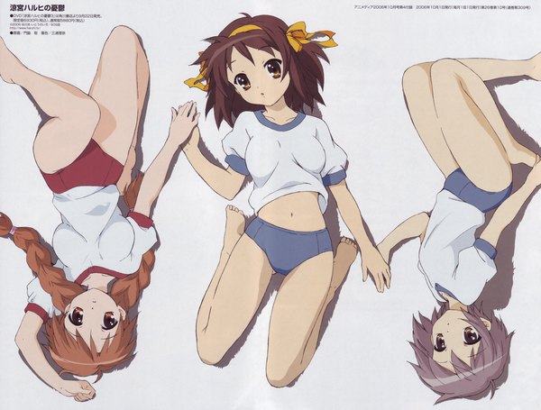 Anime picture 4597x3487 with suzumiya haruhi no yuutsu kyoto animation suzumiya haruhi nagato yuki asahina mikuru kadowaki satoshi long hair looking at viewer highres short hair light erotic simple background brown hair purple eyes brown eyes purple hair braid (braids) orange hair inscription orange eyes