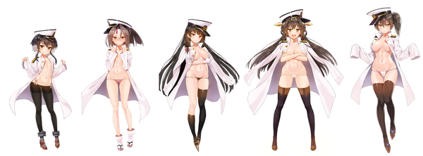 Anime picture 2723x1012 with kantai collection kongou battleship kaga aircraft carrier isokaze destroyer zuihou light aircraft carrier tokitsukaze destroyer mx2j (nsh6394) long hair looking at viewer highres short hair breasts open mouth light erotic black hair simple background red eyes brown hair wide image white background