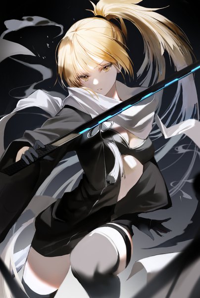 Anime picture 2760x4096 with fate (series) fate/grand order okita souji (fate) (all) okita souji (koha-ace) 2sham single long hair tall image looking at viewer fringe highres breasts blonde hair hair between eyes standing holding yellow eyes payot cleavage ponytail