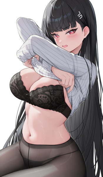 Anime picture 1855x3182 with blue archive rio (blue archive) rosumerii single long hair tall image looking at viewer blush fringe highres breasts open mouth light erotic black hair simple background red eyes large breasts white background sitting cleavage
