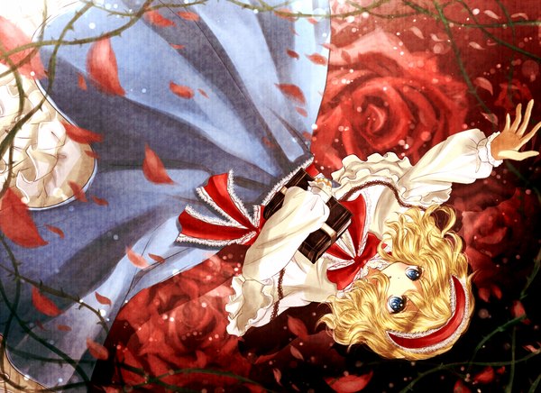Anime picture 1141x831 with touhou alice margatroid yuki 201 single short hair open mouth blue eyes blonde hair girl dress petals hairband bowtie rose (roses) book (books) thorns
