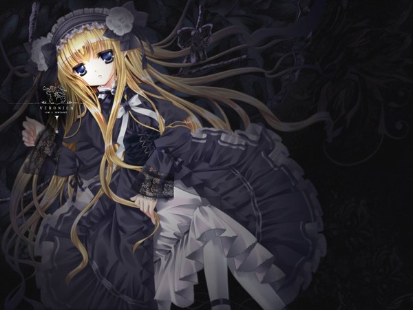 Anime picture 1600x1200 with i.s.w capura lin hiiragi ryou single looking at viewer blue eyes blonde hair very long hair wallpaper lolita fashion goth-loli girl dress lace lolita hairband