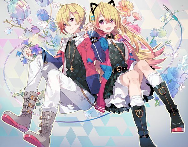 Anime picture 1080x849 with vocaloid nico nico singer ai kotoba iii (vocaloid) 96neko eihi long hair looking at viewer fringe short hair open mouth blonde hair hair between eyes multiple girls animal ears :d pink eyes holding hands fake animal ears dual persona androgynous