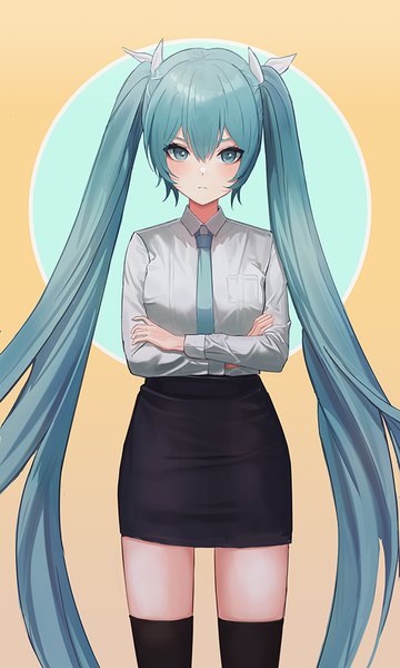 Anime picture 600x1000 with vocaloid hatsune miku moth1 single tall image looking at viewer fringe hair between eyes standing twintails very long hair aqua eyes aqua hair crossed arms yellow background girl thighhighs skirt black thighhighs miniskirt