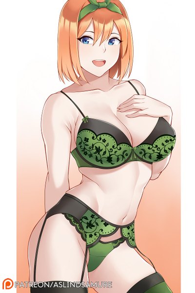Anime picture 900x1350 with go-toubun no hanayome nakano yotsuba aslindsamure single tall image looking at viewer blush fringe short hair breasts open mouth blue eyes light erotic simple background smile hair between eyes large breasts white background bare shoulders cleavage