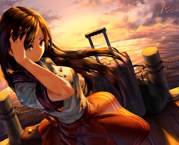 Anime picture 1084x883 with original de da xianyu single long hair looking at viewer breasts brown hair standing brown eyes signed sky cloud (clouds) from above wind sunlight shadow short sleeves adjusting hair dated striped