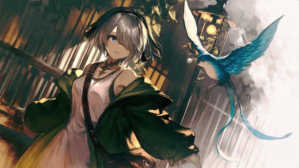 Anime picture 1600x900 with original garuku single fringe short hair open mouth blue eyes smile wide image bare shoulders looking away silver hair long sleeves :d horn (horns) hair over one eye off shoulder open jacket dutch angle walking