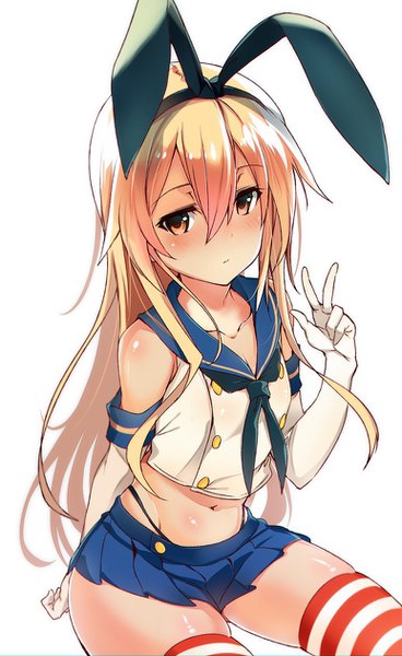 Anime picture 774x1260 with kantai collection shimakaze destroyer minoinomi single long hair tall image looking at viewer blush fringe light erotic blonde hair simple background hair between eyes white background sitting brown eyes pleated skirt midriff zettai ryouiki victory
