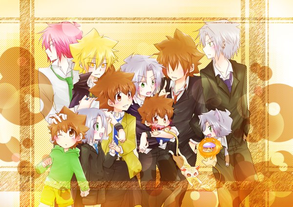 Anime picture 1535x1085 with katekyou hitman reborn sawada tsunayoshi gokudera hayato vongola primo giotto g (khr) uri (reborn) natsu (reborn) tagme (artist) blonde hair brown hair brown eyes green eyes yellow eyes pink hair white hair animal shirt necktie cat child (children)