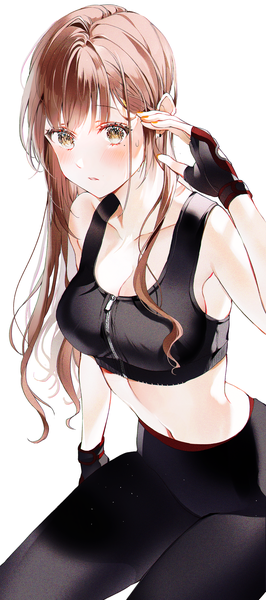 Anime picture 2312x5223 with original 2sham single long hair tall image looking at viewer blush fringe highres breasts simple background brown hair white background sitting brown eyes cleavage parted lips arm up midriff adjusting hair