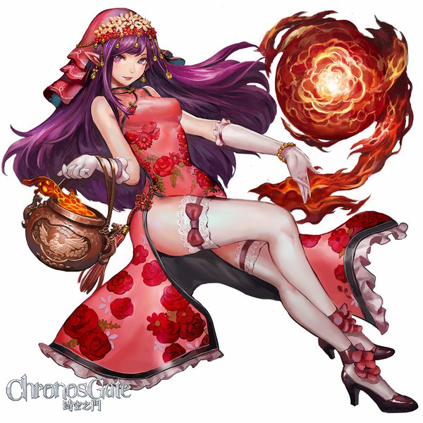 Anime picture 1000x1000 with chronos gate canking single long hair looking at viewer fringe breasts light erotic simple background smile white background purple eyes signed purple hair bent knee (knees) traditional clothes hair flower pointy ears high heels sleeveless