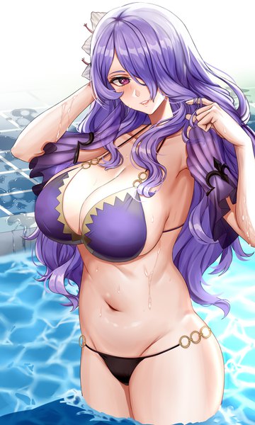 Anime picture 2400x4000 with fire emblem fire emblem heroes fire emblem fates nintendo camilla (fire emblem) camilla (summer) (fire emblem) piukute062 single long hair tall image looking at viewer blush fringe highres breasts light erotic smile standing cleavage purple hair