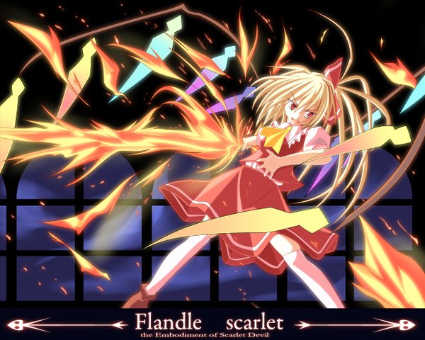 Anime picture 1280x1024 with touhou flandre scarlet ina (inadahime) single short hair blonde hair red eyes inscription girl dress skirt bow weapon hair bow wings skirt set fire crystal laevatein (touhou)