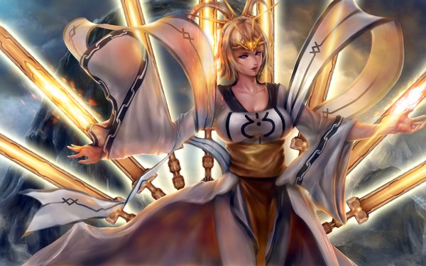 Anime picture 1920x1200 with jakuroi (pixiv) single highres short hair breasts open mouth blonde hair wide image purple eyes looking away traditional clothes wind magic spread arms glowing weapon girl hair ornament weapon sword