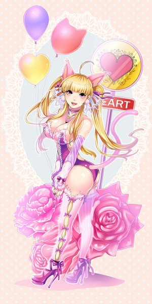 Anime picture 500x1000 with original matsurika youko long hair tall image breasts light erotic blonde hair large breasts purple eyes twintails animal ears tail animal tail cat ears cat girl cat tail girl thighhighs gloves flower (flowers)