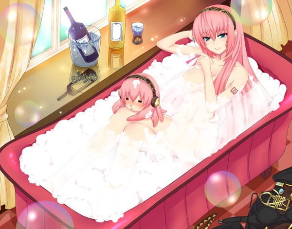 Anime picture 1400x1100 with vocaloid megurine luka nuko (mikupantu) blue eyes light erotic pink hair chibi girl hairband bottle bath bathroom