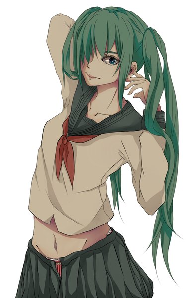Anime picture 1177x1873 with vocaloid hatsune miku mone (exorcistion0606ab) single long hair tall image looking at viewer fringe blue eyes simple background white background twintails green hair hair over one eye girl serafuku