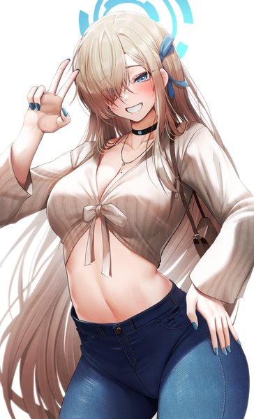 Anime picture 3644x6000 with blue archive asuna (blue archive) doyoon 7 single tall image looking at viewer blush fringe highres breasts blue eyes light erotic simple background blonde hair smile standing white background absurdres cleavage long sleeves