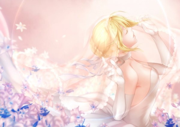Anime picture 1412x1000 with fate (series) fate/stay night studio deen type-moon artoria pendragon (all) saber arkray single short hair open mouth blonde hair eyes closed profile revision girl dress gloves flower (flowers) elbow gloves white gloves