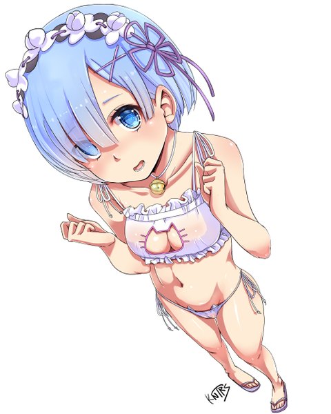 Anime picture 2000x2500 with re:zero kara hajimeru isekai seikatsu white fox rem (re:zero) kntrs (knyrs) single tall image looking at viewer blush fringe highres short hair breasts open mouth blue eyes light erotic simple background standing white background bare shoulders signed