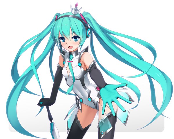 Anime picture 1200x960 with vocaloid hatsune miku shimamura single looking at viewer blush open mouth simple background white background twintails bare shoulders very long hair aqua eyes aqua hair girl gloves elbow gloves headphones bodysuit