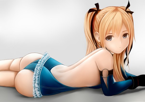 Anime picture 1421x1000 with dead or alive dead or alive 5 marie rose nannacy7 single long hair looking at viewer blue eyes light erotic blonde hair bare shoulders ass girl gloves ribbon (ribbons) hair ribbon elbow gloves