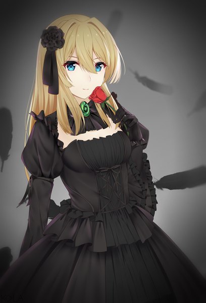 Anime-Bild 1361x2000 mit violet evergarden kyoto animation violet evergarden (character) rko (a470350510) single long hair tall image looking at viewer fringe breasts blue eyes simple background blonde hair smile hair between eyes standing holding long sleeves hair flower grey background