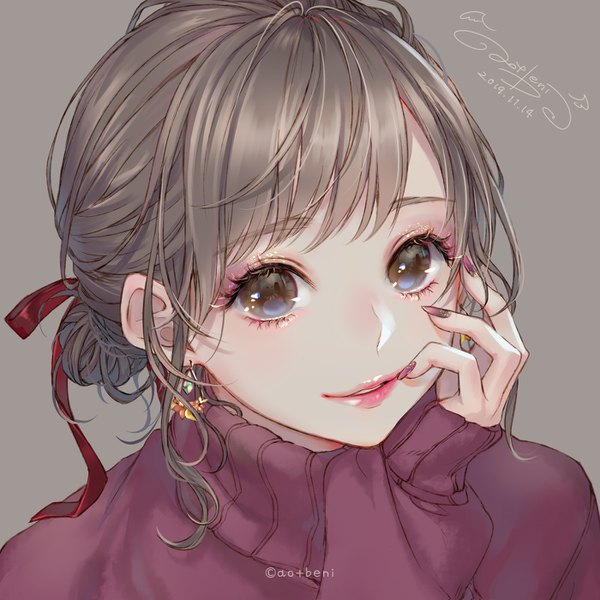 Anime picture 1400x1400 with original ao+beni single looking at viewer fringe short hair simple background brown hair brown eyes signed payot upper body long sleeves nail polish parted lips fingernails lips grey background hair bun (hair buns) lipstick