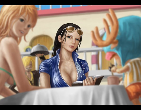 Anime picture 900x707 with one piece toei animation nami (one piece) nico robin sanji tony tony chopper dylancg long hair looking at viewer fringe breasts open mouth blue eyes light erotic black hair blonde hair smile hair between eyes large breasts standing