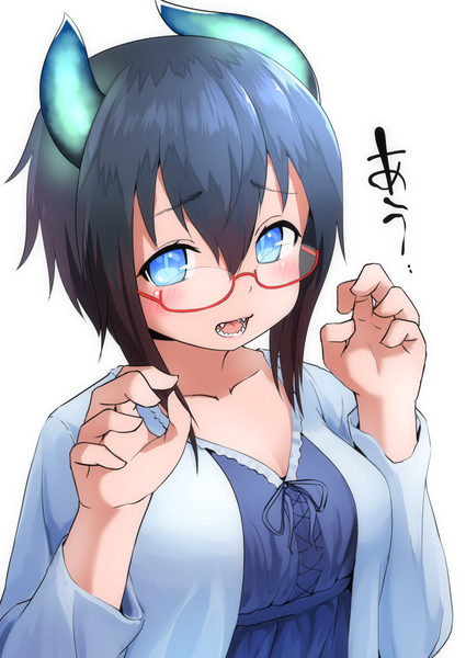 Anime picture 860x1214 with original leaf-chan kagarimachi konatsu single tall image looking at viewer blush fringe short hair open mouth blue eyes black hair simple background hair between eyes white background payot upper body horn (horns) open clothes teeth