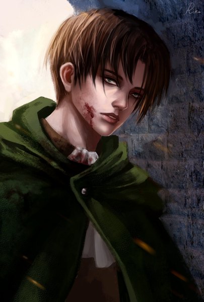 Anime picture 1024x1514 with shingeki no kyojin production i.g levi (rivaille) rikamello single tall image short hair blue eyes brown hair lips realistic boy blood cloak