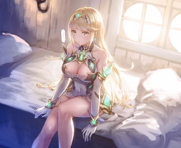 Anime picture 1812x1480 with xenoblade xenoblade 2 mythra (xenoblade) anbe yoshirou single long hair looking at viewer blush fringe highres breasts light erotic blonde hair large breasts yellow eyes bent knee (knees) indoors parted lips cleavage cutout girl