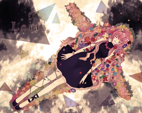 Anime picture 1200x956 with touhou vocaloid leia (vocaloid) megurine luka yurari (co10rs) single long hair pink hair lying eyes closed girl dress flower (flowers) wreath