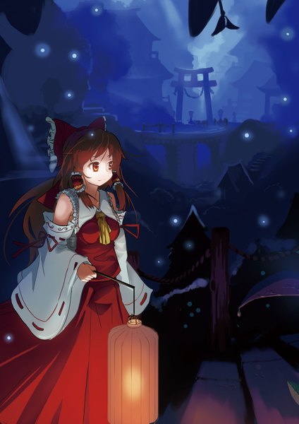 Anime picture 2480x3508 with touhou hakurei reimu terric single long hair tall image highres smile brown hair bare shoulders brown eyes absurdres traditional clothes japanese clothes night blue background miko girl hair ornament bow