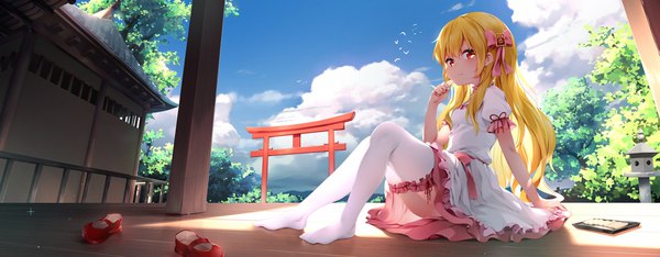 Anime picture 1840x720 with touhou keisenko (touhou) chen bin single long hair looking at viewer blush fringe highres light erotic blonde hair hair between eyes red eyes wide image holding sky cloud (clouds) full body arm support shadow