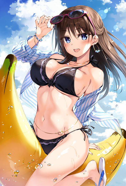 Anime picture 708x1043 with boku no kanojo sensei fujiki maka oryou single long hair tall image looking at viewer blush fringe breasts open mouth blue eyes light erotic smile hair between eyes brown hair large breasts sitting bare shoulders sky