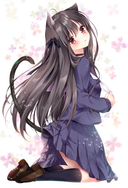 Anime picture 800x1174 with original amelie-san (nogi takayoshi) nogi takayoshi single long hair tall image looking at viewer blush fringe black hair hair between eyes red eyes animal ears full body ahoge tail animal tail pleated skirt cat ears cat girl