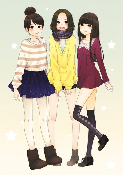 Anime picture 707x1000 with perfume (group) ayano omoto (nocchi) yuka kashino (kashiyuka) ayaka ishiwaki (a-chan) mizutamako long hair tall image looking at viewer blush short hair open mouth smile brown hair multiple girls looking away hair bun (hair buns) group rhombus girl thighhighs