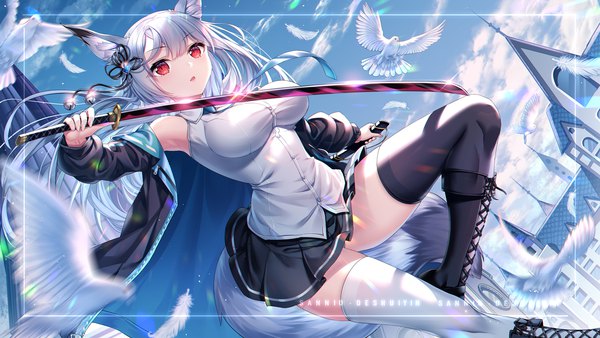 Anime picture 1440x810 with virtual youtuber indie virtual youtuber sannio single long hair looking at viewer fringe breasts open mouth light erotic red eyes wide image large breasts standing holding signed animal ears sky silver hair cloud (clouds)