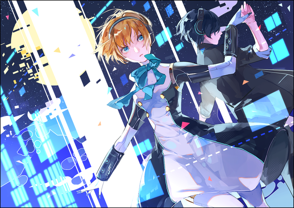 Anime-Bild 1386x980 mit persona 3 persona aegis arisato minato syokumura short hair blue eyes black hair blonde hair looking away profile holding hands twisty sleeves girl dress boy headphones bowtie android