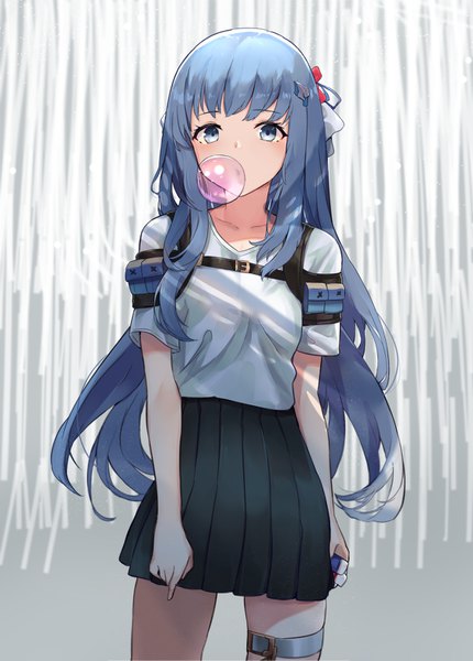 Anime picture 1120x1561 with original mosta (lo1777789) single long hair tall image looking at viewer blush blue eyes standing holding blue hair pleated skirt sunlight grey background short sleeves bubble blowing girl skirt hair ornament bow