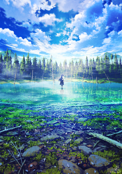 Anime picture 1000x1427 with original mocha (cotton) single long hair tall image looking at viewer fringe black hair standing sky cloud (clouds) full body outdoors looking back black eyes reflection horizon mountain scenic bare tree