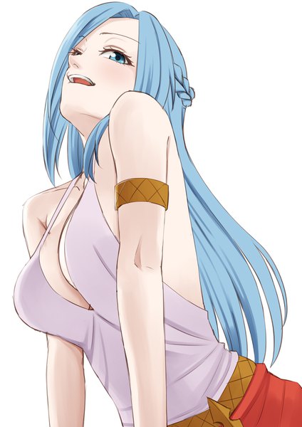 Anime picture 794x1123 with ore dake haireru kakushi dungeon olivia (ore dake haireru kakushi dungeon) easy (easycrew) single long hair tall image blush fringe breasts open mouth blue eyes light erotic simple background smile large breasts white background bare shoulders blue hair cleavage upper body